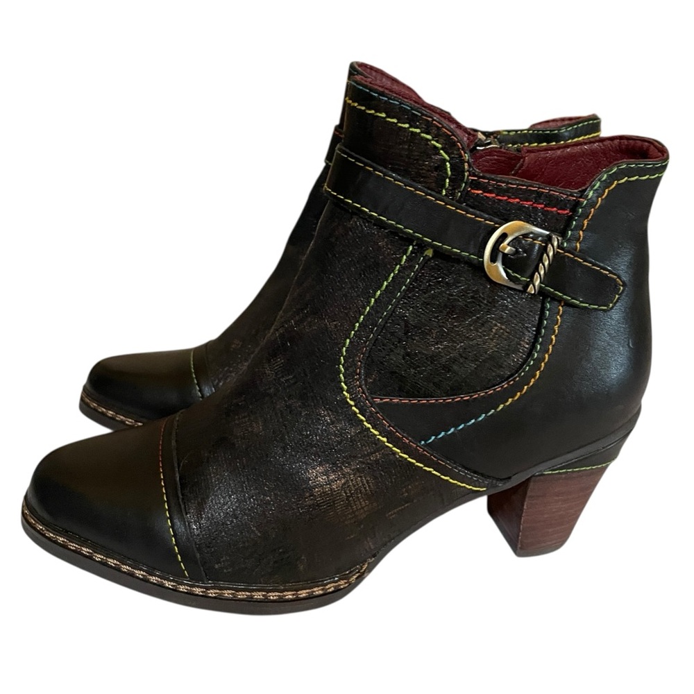 Women's L'Artiste Captivate - Black Leather Multi Color Stitching Size 7.5 EU 38